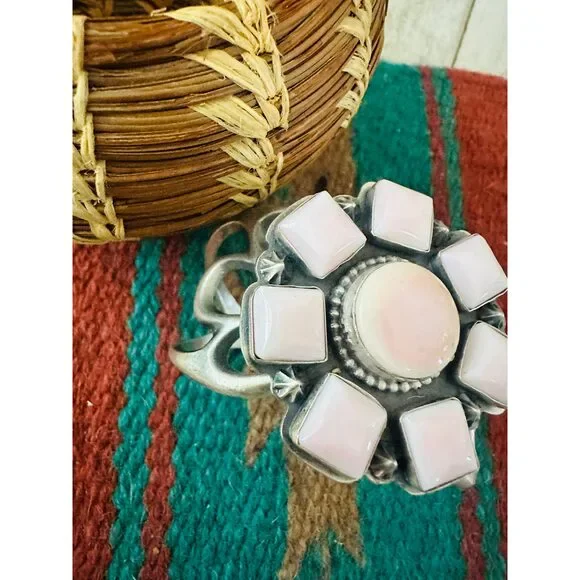 Handcrafted Old Pawn Sterling Silver & Queen Pink Conch Cluster Cuff Bracelet